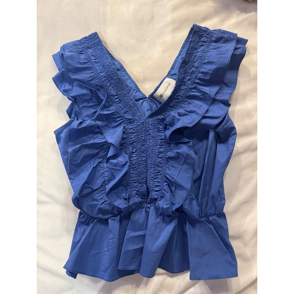 The Impeccable Pig Blue Ruffle Smocked Peplum V-Neck Top T-5993-H Large